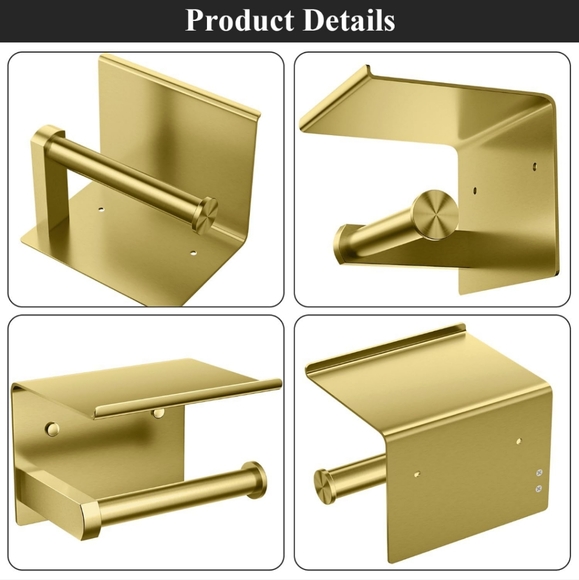 NIB Tindbea gold toilet paper holder with phone shelf and towel rope hooks - Picture 2 of 11